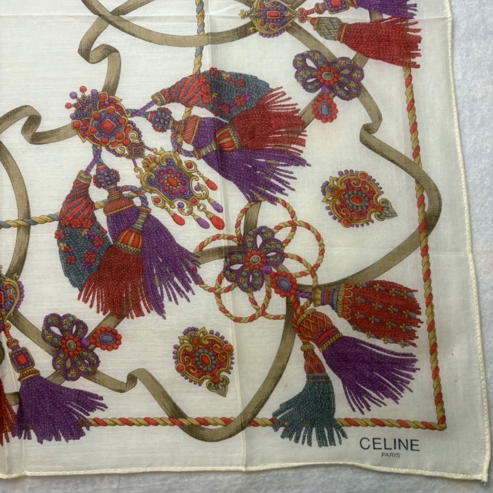 VTG CELINE Scarf Handkerchief Tassel Rope Cotton White Purple 19" - Picture 3 of 5